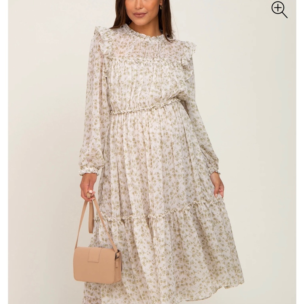 PINKBLUSH Ivory Floral Chiffon Ruffle Tiered Maternity Midi Dress